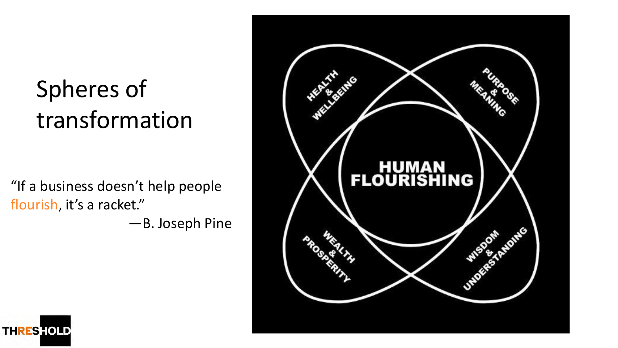 Spheres of transformation：Human Flourishing — Health & Wellbeing, Wealth & Prosperity, Wisdom & Understanding, Purpose & Meaning